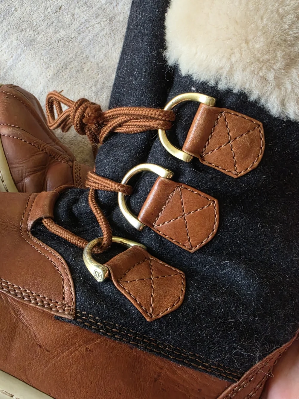 Tory Burch Jada shearling-lined duck boots dark grey flannel brown leather